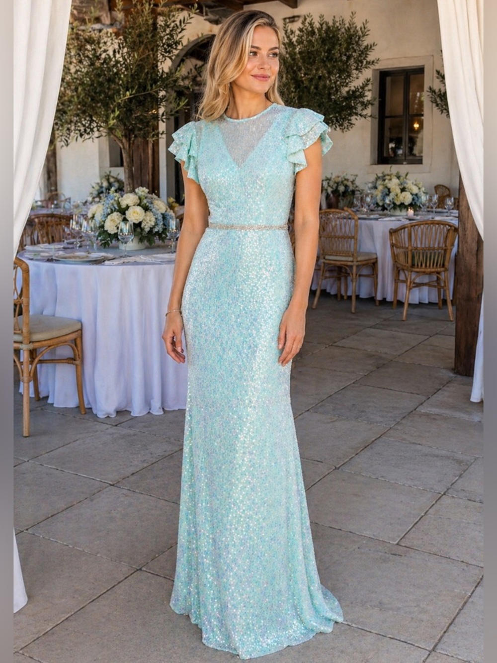 Mac Duggal Sequin Gown Beaded Waist Illusion Neck Flutter Sleeve Blue 0
26942